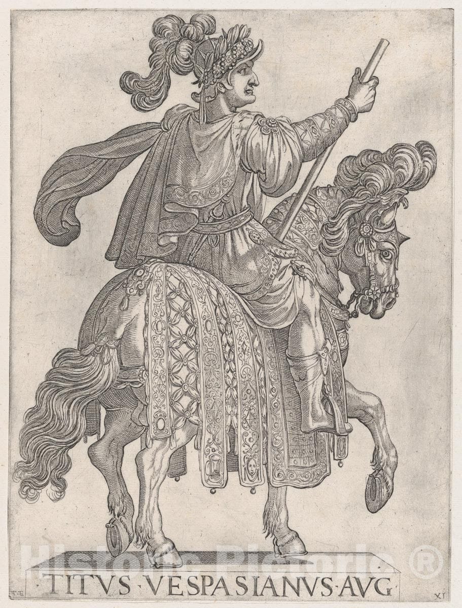 Art Print : Antonio Tempesta - Plate 11: Titus Vespasian on Horseback Facing Right from The 'First Twelve Emperors of Ancient Rome' : Vintage Wall Art