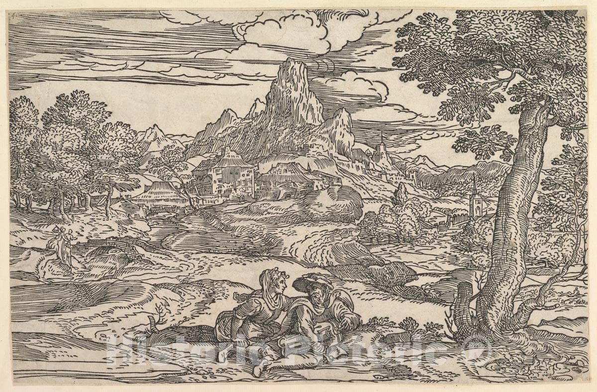 Art Print : Domenico Campagnola - Landscape with a Woman Seated Next to a Man Playing a Hurdy-Gurdy : Vintage Wall Art