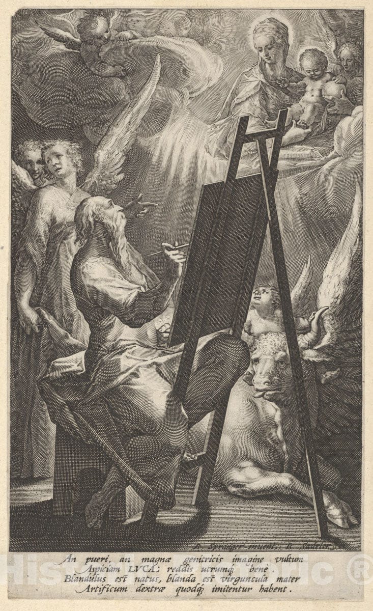 Art Print : Raphael Sadeler I - Saint Luke Painting The Virgin : Vintage Wall Art