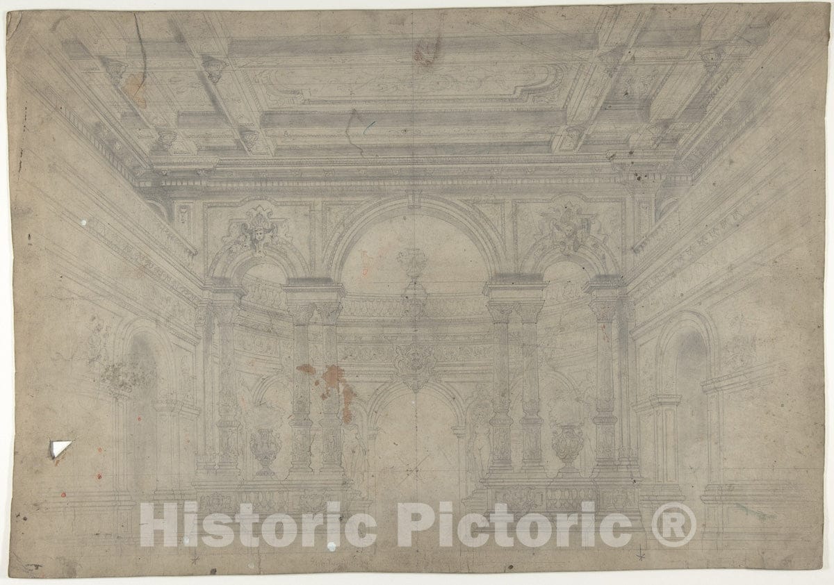 Art Print : Eugène Cicéri - Design for a Stage Set at The Opéra, Paris: Interior with Coiffered Ceiling : Vintage Wall Art
