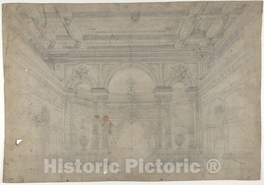 Art Print : Eugène Cicéri - Design for a Stage Set at The Opéra, Paris: Interior with Coiffered Ceiling : Vintage Wall Art