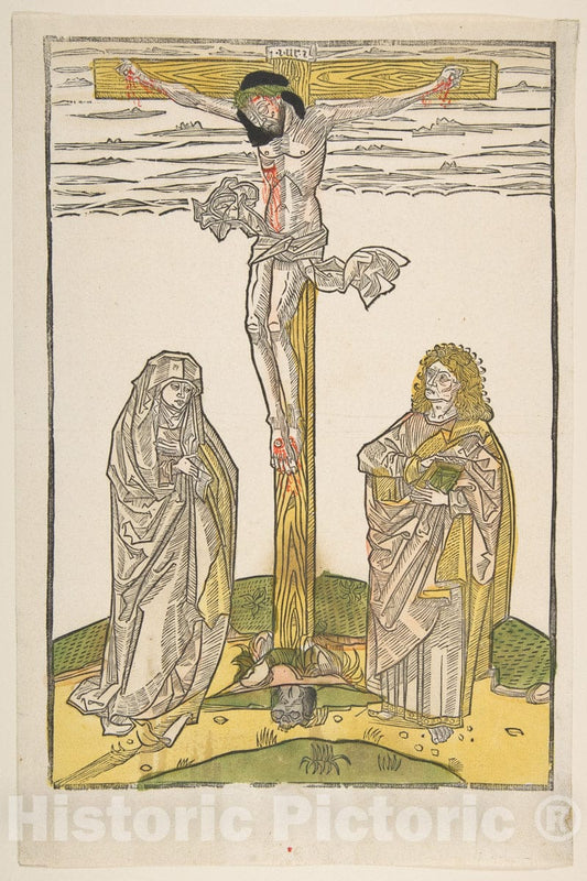 Art Print : Anonymous, German, 15th Century - Christ on The Cross with The Virgin and Saint John : Vintage Wall Art