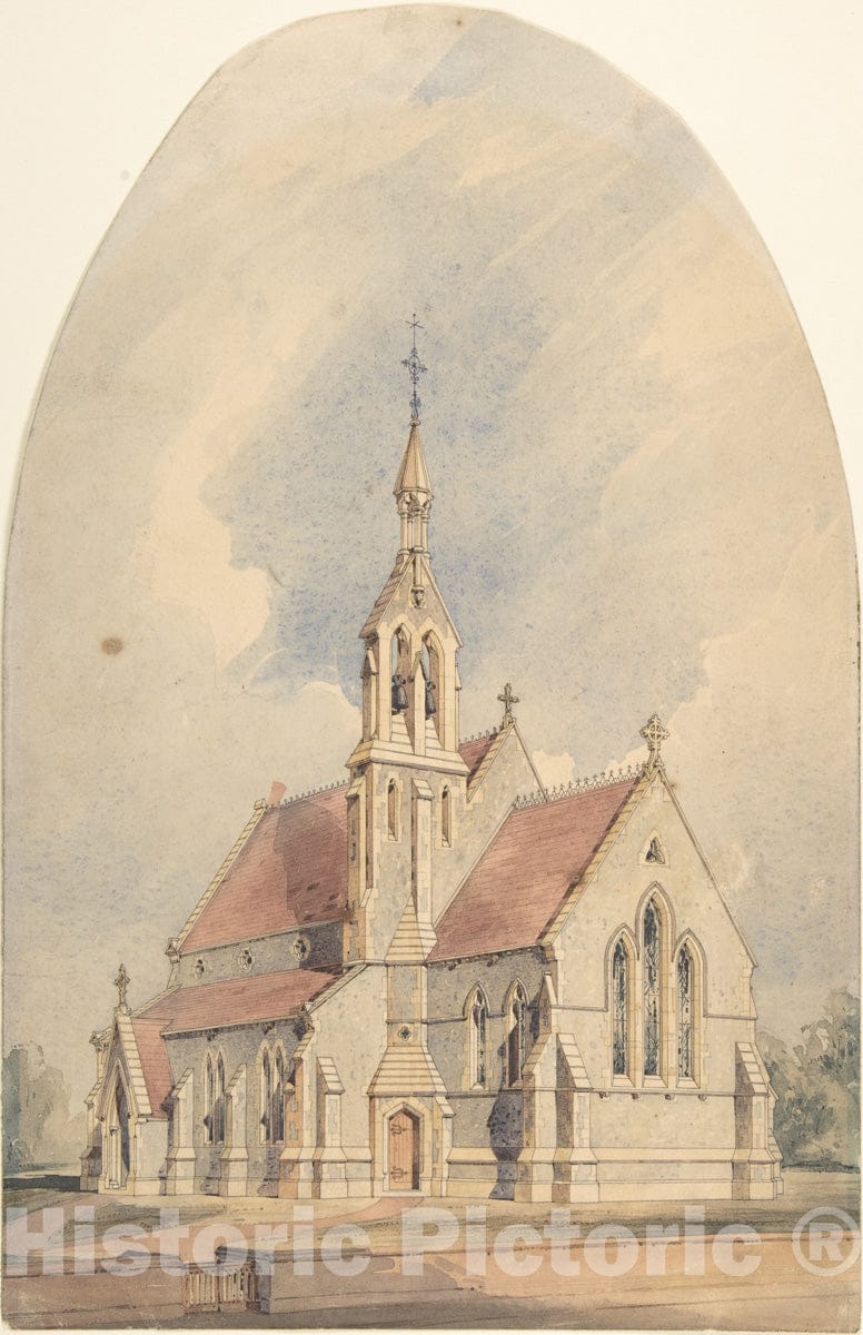 Art Print : British, 19th Century - Architectural Rendering of a Gothic Revival Church : Vintage Wall Art