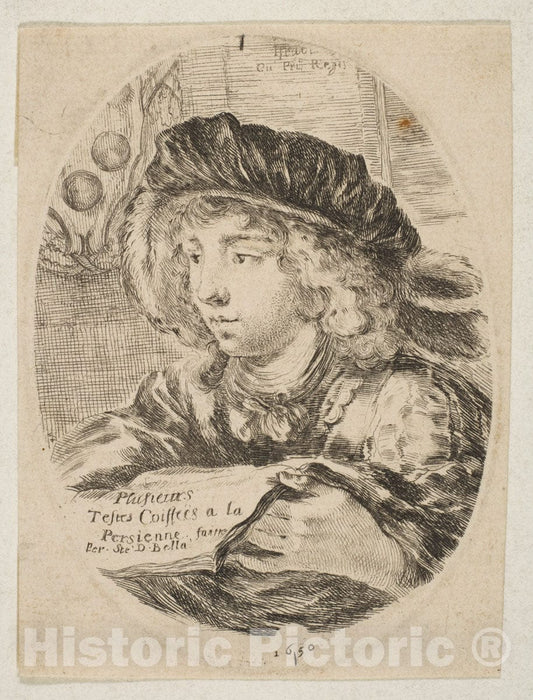 Art Print : A Bust of a Young Man Wearing a Cap with Feathers - Artist: Stefano Della Bella - Created: 1650 : Vintage Wall Art