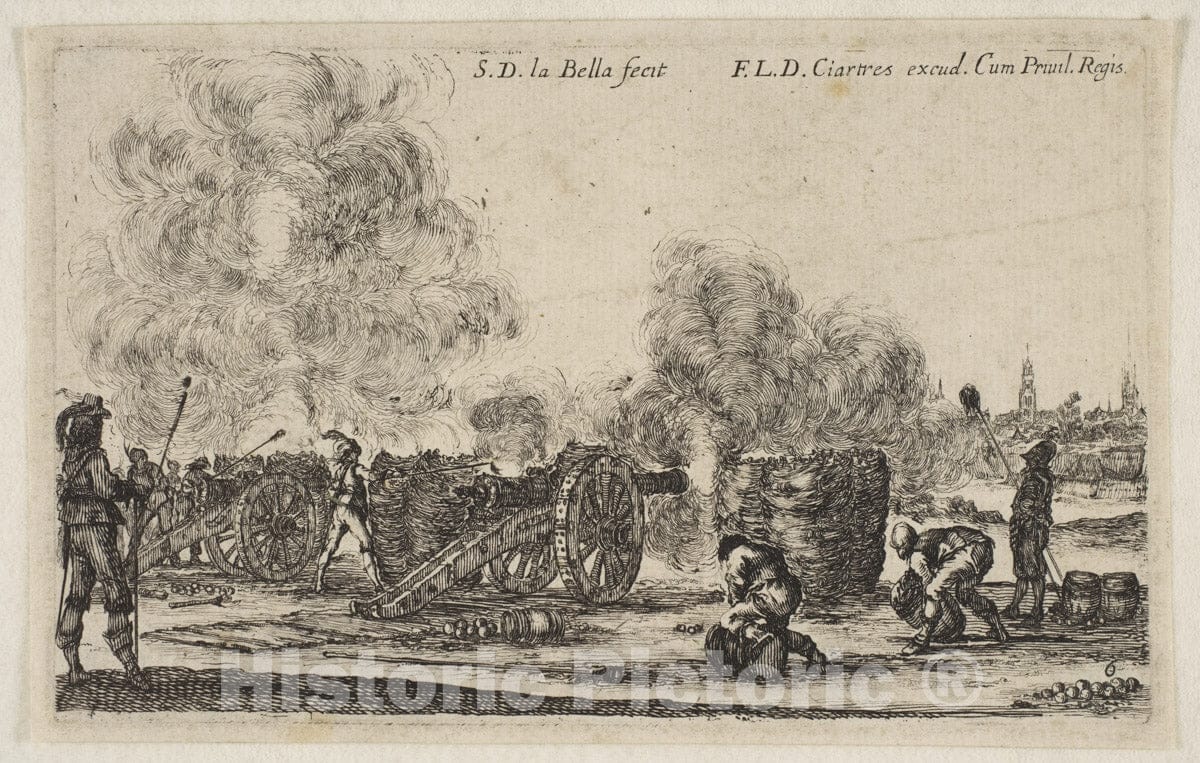 Art Print : Stefano Della Bella - Plate 6: Battery of Cannons Firing on a City, from 'Various Military Caprices' (Varii capricci Militari) 1 : Vintage Wall Art