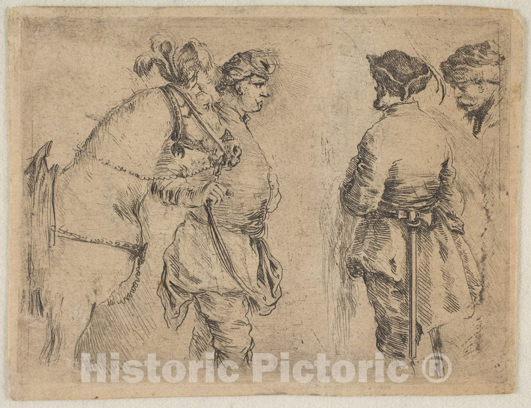 Art Print : Stefano Della Bella - A Pole Holding a Horse by The Bridle : Vintage Wall Art