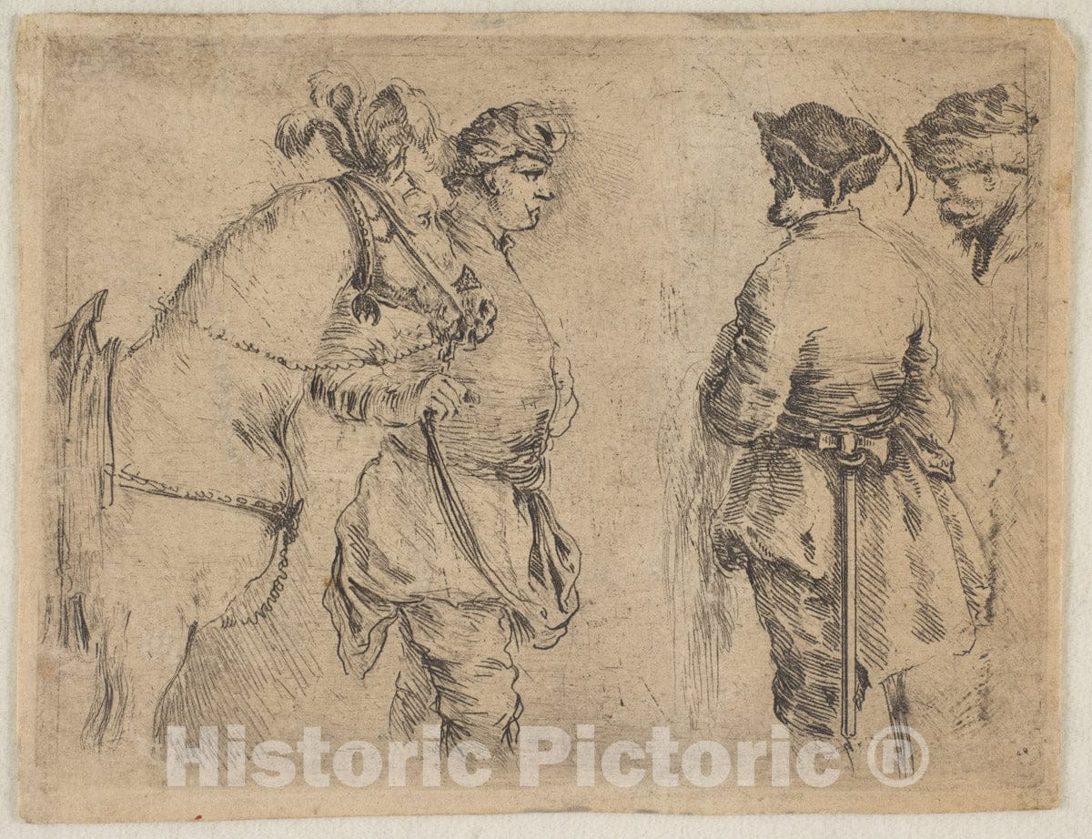 Art Print : Stefano Della Bella - A Pole Holding a Horse by The Bridle : Vintage Wall Art