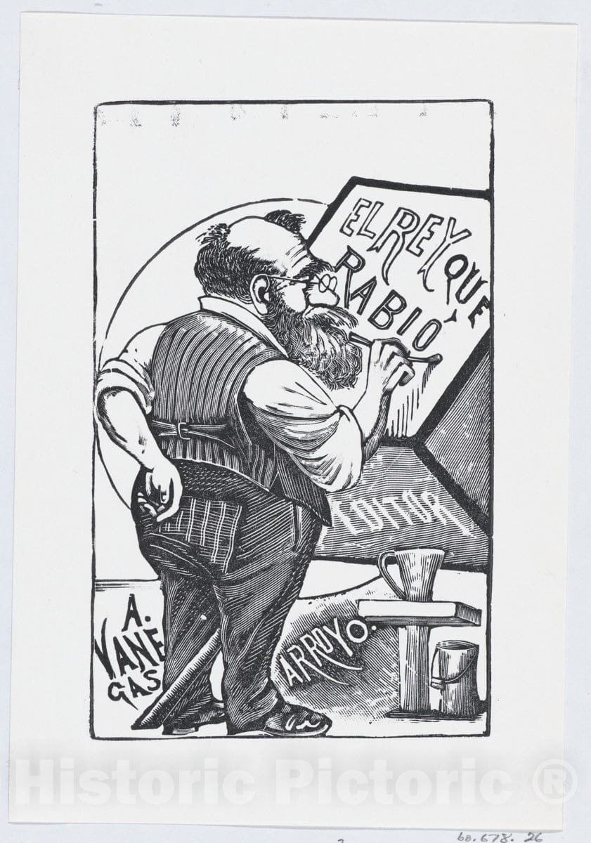 Art Print : José Guadalupe Posada - an Old Man with Spectacles and one Hand Behind his Back Painting on a Wooden Block, Illustration for 'El Rey que Rabio' : Vintage Wall Art