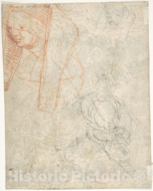 Art Print : German, 16th Century - Head of a Woman and Sketch of a Figure (?) : Vintage Wall Art