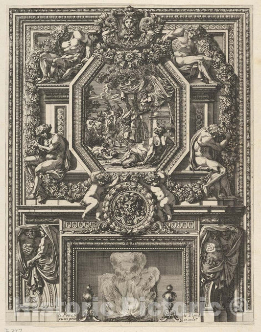 Art Print : Jean Le Pautre - Chimney with a Bacchanal Over The Mantle from 'Grandes Cheminée' : Vintage Wall Art