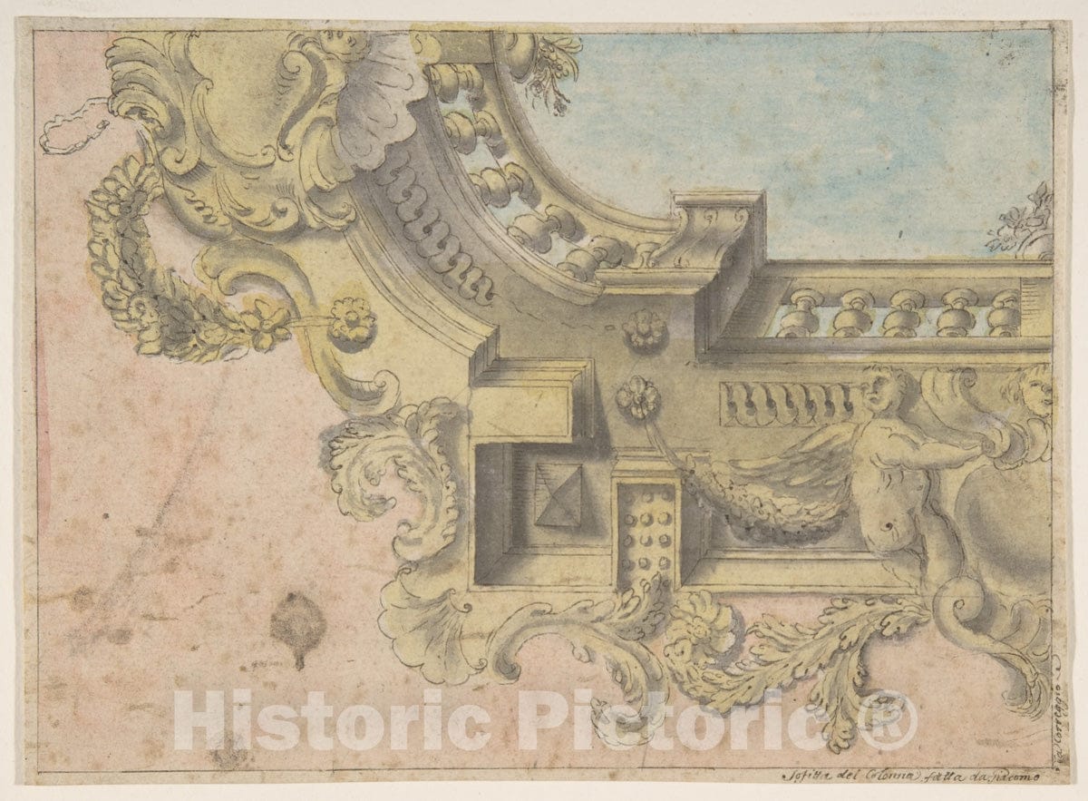Art Print : Design for a ated Ceiling with Putti and Garlands and a Forshortening of a Balustrade Around an Oculus. - Artist: Michelangelo Colonna - 17th century : Vintage Wall Art