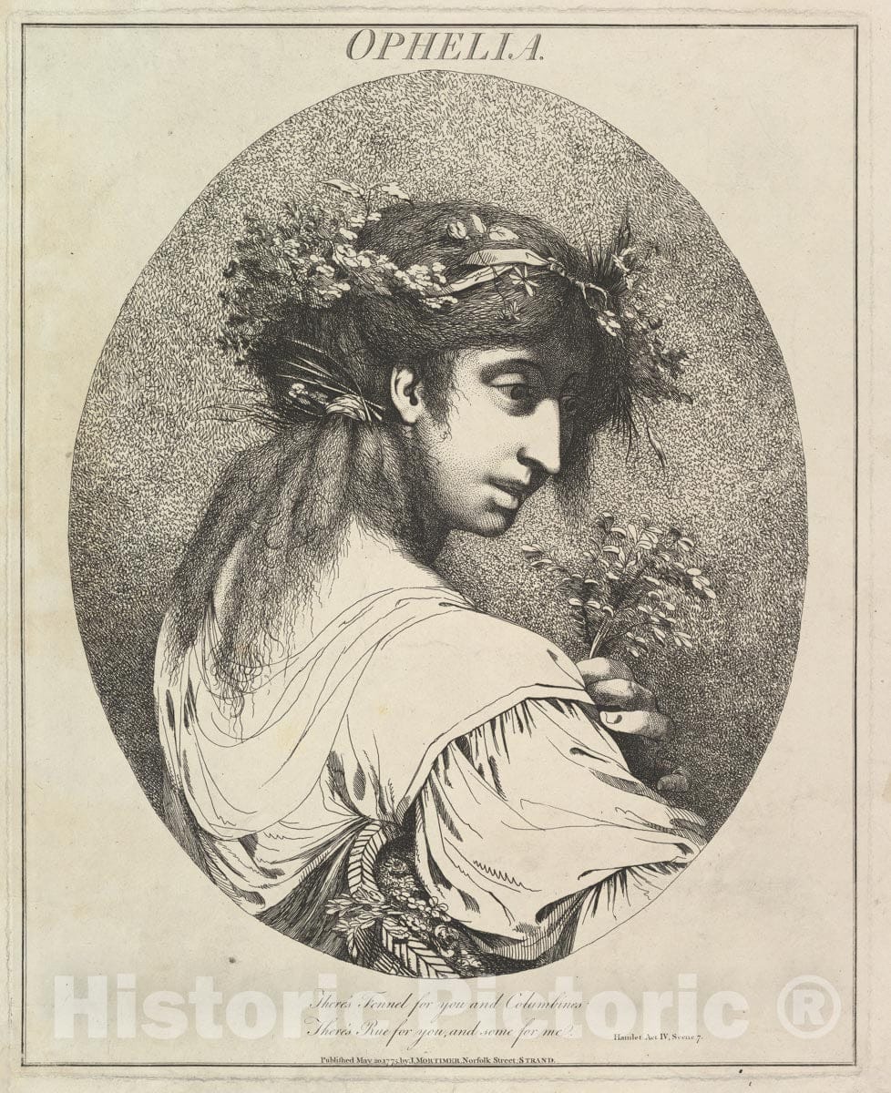 Art Print : Etched and published by John Hamilton Mortimer - Ophelia (Twelve Characters from Shakespeare) : Vintage Wall Art