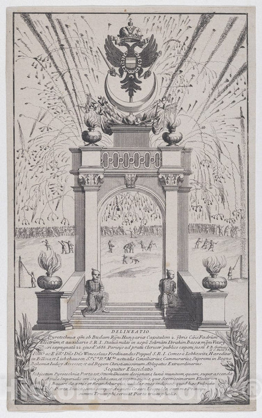 Art Print : Anonymous - Fireworks and Triumphal Arch erected in Buda to Celebrate The Expulsion of The Turks, September 1686 : Vintage Wall Art