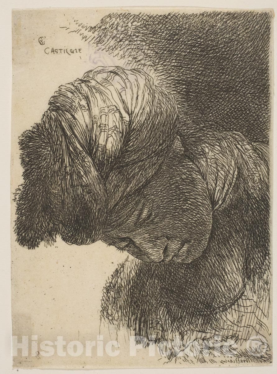 Art Print : Young Man with his Head Lowered - Artist: Giovanni Benedetto Castiglione (Il Grechetto) - Created: c1645 : Vintage Wall Art