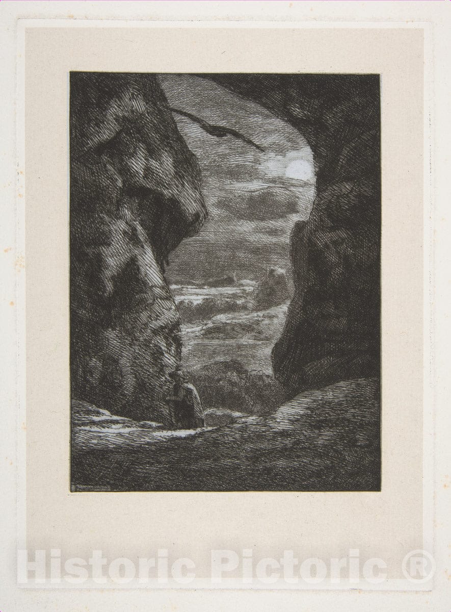 Art Print : Félix Bracquemond - A Peasant Traversing a Dark and Rocky Gorge in The Moonlight, from Titres de Romance : Vintage Wall Art