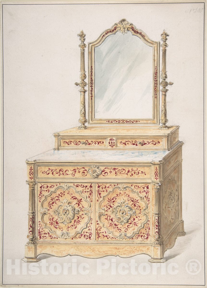 Art Print : British, 19th Century - Design for a Marble-Topped Cabinet and Mirror : Vintage Wall Art