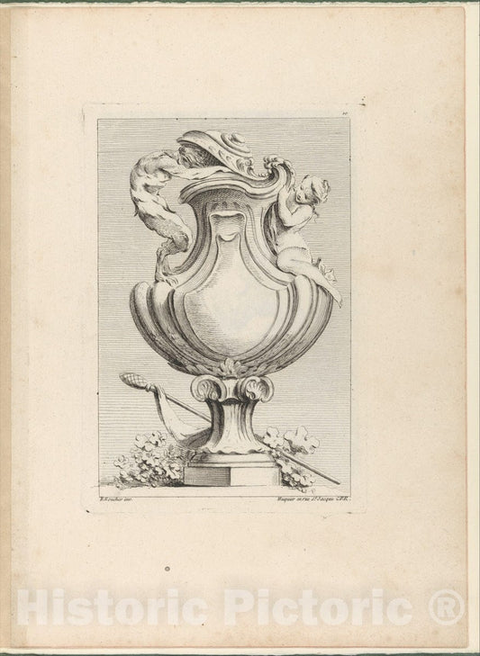 Art Print : Gabriel Huquier - Design for a vase with a Faun and a Nymph, from Livre de Vases (Book of Vases), Plate 10 : Vintage Wall Art