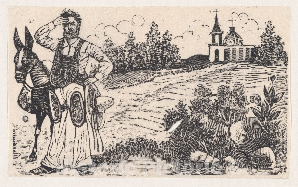 Art Print : José Guadalupe Posada - A drover and a Mule Standing on a Road with a Church in The Background : Vintage Wall Art