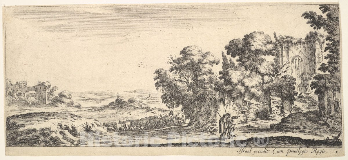 Art Print : Plate 4: Two Pilgrims observing Ruins to Right - Artist: Stefano Della Bella - Created: c1641 1 : Vintage Wall Art