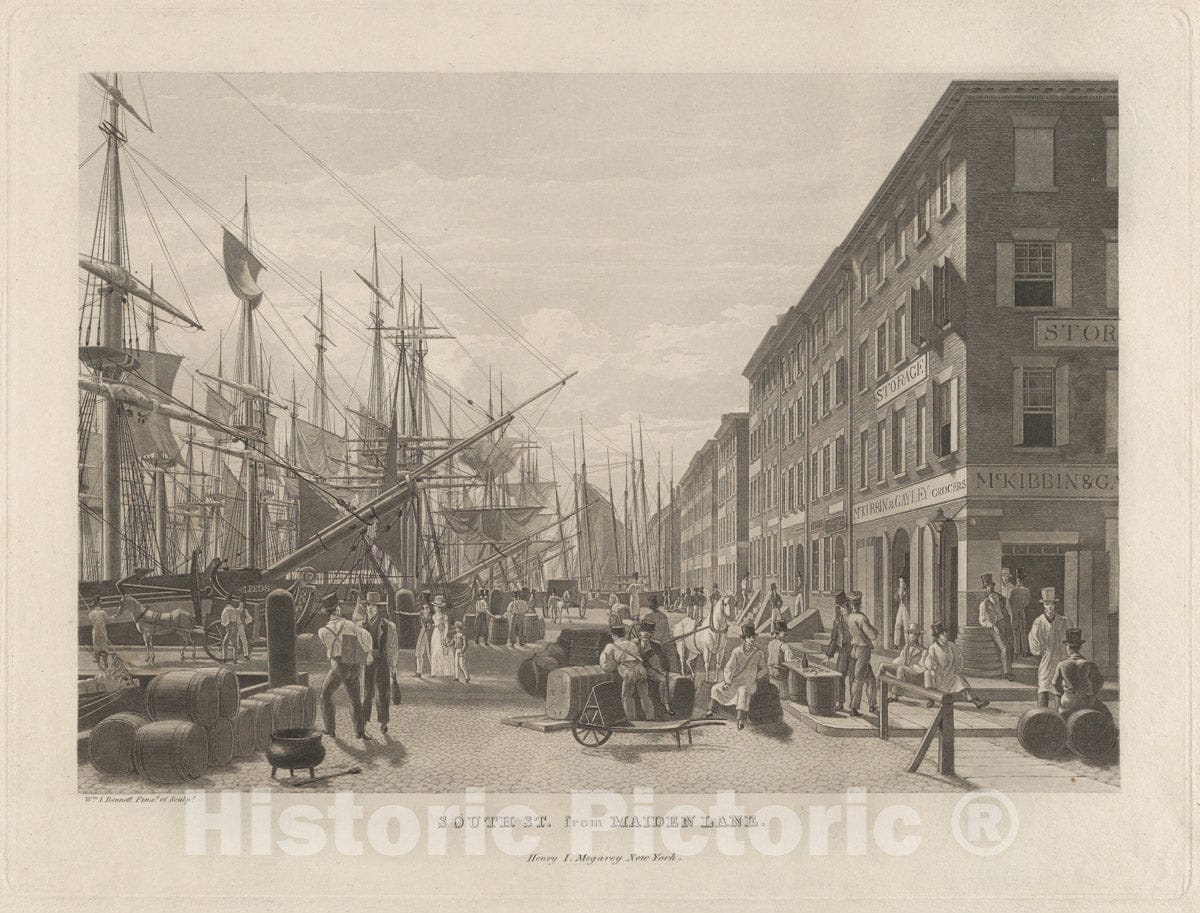 Art Print : William James Bennett - South Street from Maiden Lane, New York, in 1828 : Vintage Wall Art