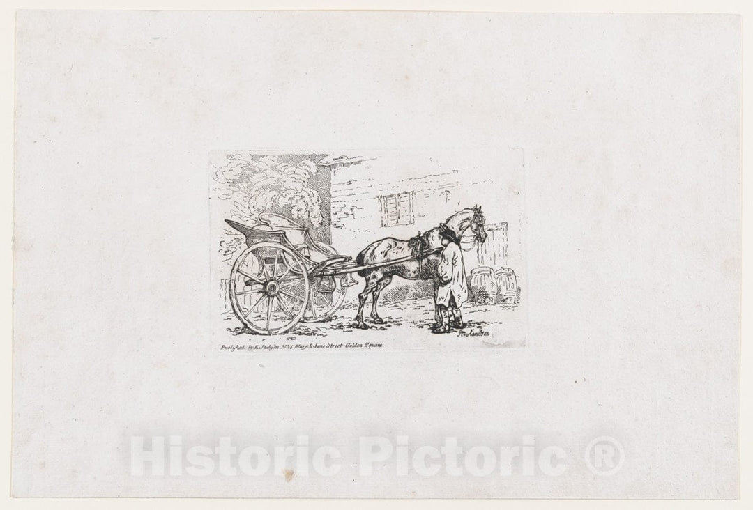 Art Print : Thomas Rowlandson - A Cabriolet with a Groom Parked Beside an Outhouse A Gig, from A New Book of Horses and Carriages : Vintage Wall Art