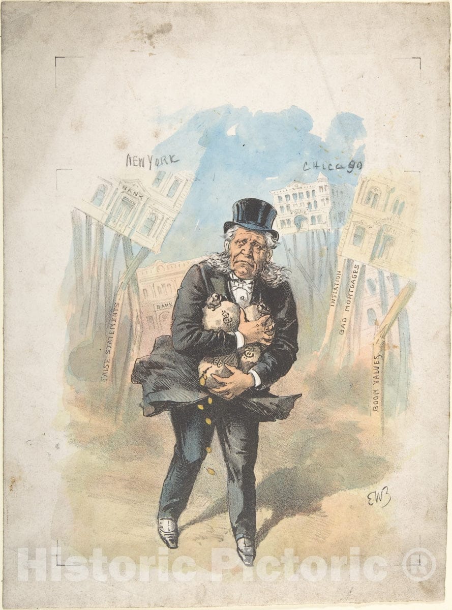 Art Print : Emmanuel Wyttenbach - Man Clutching Moneybags While Banks Collapse : Vintage Wall Art
