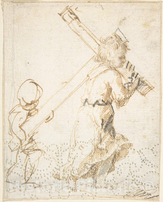 Art Print : Christ Child and Secondary Child Figure Bearing The Cross - Artist: Spanish, School of Seville, 17th Century - Created: 17th Century : Vintage Wall Art