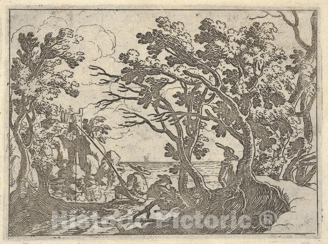 Art Print : Remigio Cantagallina - Landscape with onshore Fisherman and Male onlooker Under Trees, a Man in a Boat Bows his Head : Vintage Wall Art