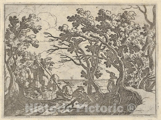 Art Print : Remigio Cantagallina - Landscape with onshore Fisherman and Male onlooker Under Trees, a Man in a Boat Bows his Head : Vintage Wall Art