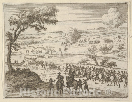Art Print : Francesco I d'Este Freely Crosses The Po and Takes Up his Sword Against Troops in The Vinyard - Artist: Domenico Gamberti - Created: 1659 : Vintage Wall Art