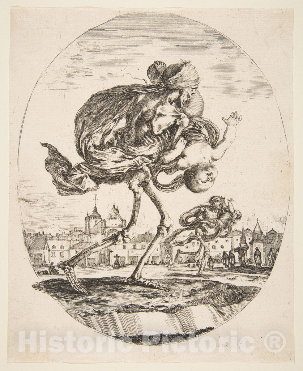 Art Print : Etched by Stefano Della Bella - Death Carrying an Infant, from 'The Five Deaths' (Les Cinq Morts) 1 : Vintage Wall Art