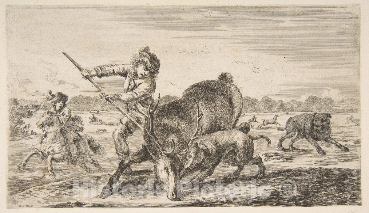 Art Print : Stefano Della Bella - Stag at Bay, from 'Animal Hunts' (Chasses à différents animaux) 1 : Vintage Wall Art