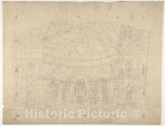 Art Print : Eugène Cicéri - Design for a Stage Set at The Opéra, Paris: Domed Interior (Recto); Sketches for Dome and Doors (Verso) : Vintage Wall Art
