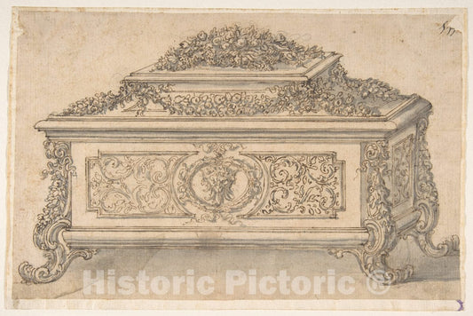 Art Print : Giovanni Battista Foggini - Design for an Casket Heavily Decorated Foliate Scrolls, Garlands and a Satyr Mask : Vintage Wall Art