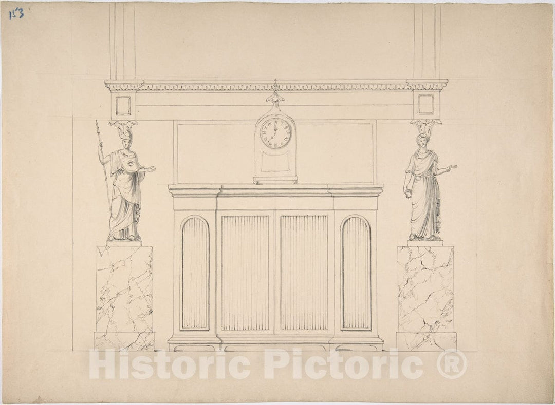 Art Print : British, 19th Century - Design for a Cabinet with Inset Fabric Panels, and Two Female Classical Statues on Marble Pedestals v.2 : Vintage Wall Art