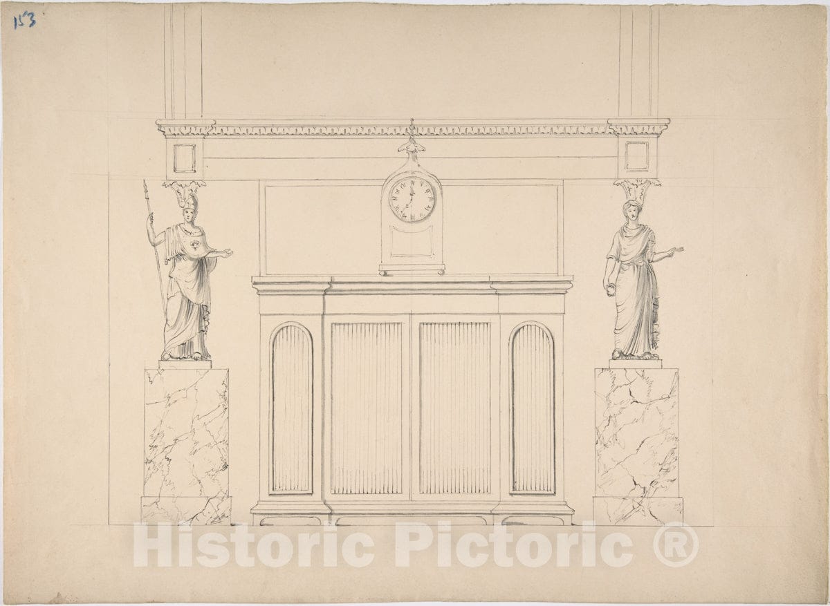 Art Print : British, 19th Century - Design for a Cabinet with Inset Fabric Panels, and Two Female Classical Statues on Marble Pedestals v.2 : Vintage Wall Art