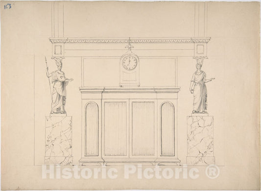 Art Print : British, 19th Century - Design for a Cabinet with Inset Fabric Panels, and Two Female Classical Statues on Marble Pedestals v.2 : Vintage Wall Art