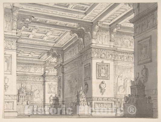 Art Print : Alessandro Sanquirico - Design for a Stage Set?:Interior of a Stateroom with Four Tables Displaying Urns and Tabernacles. : Vintage Wall Art