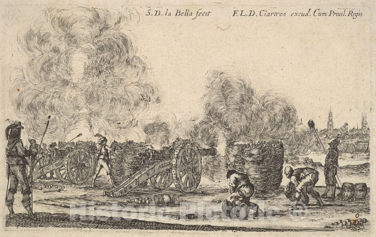 Art Print : Stefano Della Bella - Plate 6: A Battery of Cannons Firing on a Town, from 'Various Military Caprices' (Varii capricci Militari) : Vintage Wall Art
