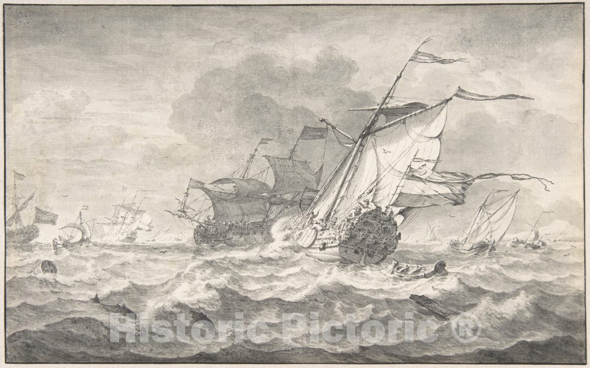 Art Print : Hendrick Rietschoof - Merchant Ships and Smaller Sailing Boats in a Strong Breeze, Dolphins in The Waves : Vintage Wall Art