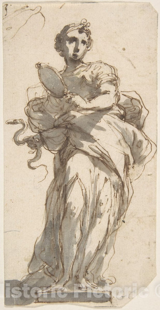 Art Print : Giuseppe Bernardino Bison - Design for a Statue of Prudence with Sketches at Upper Left Corner. : Vintage Wall Art