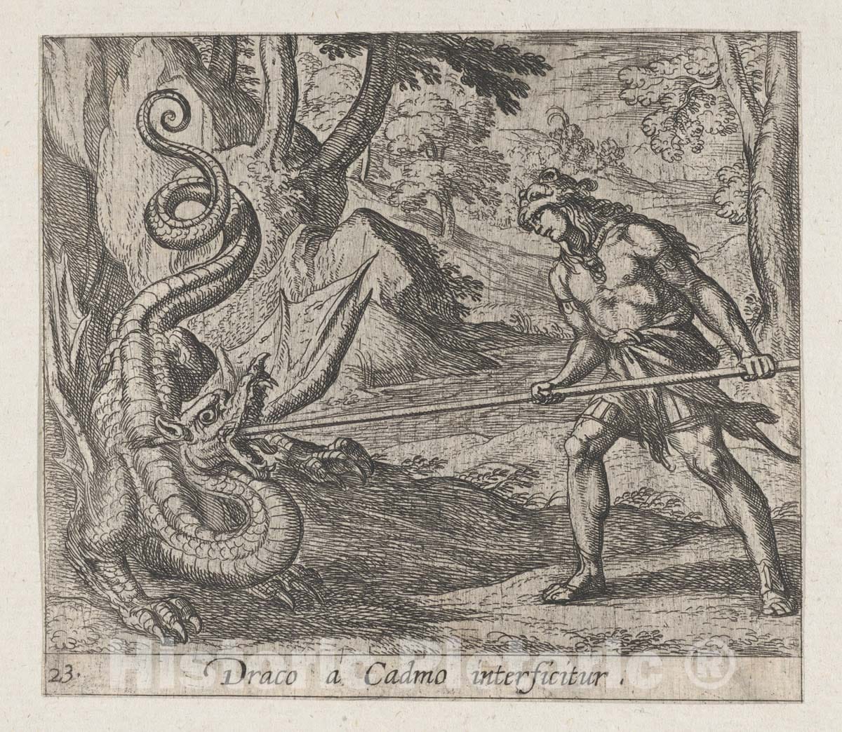 Art Print : Antonio Tempesta - Plate 23: Cadmus Killing The Serpent (Draco a Cadmo interficitur), from Ovid's 'Metamorphoses' : Vintage Wall Art