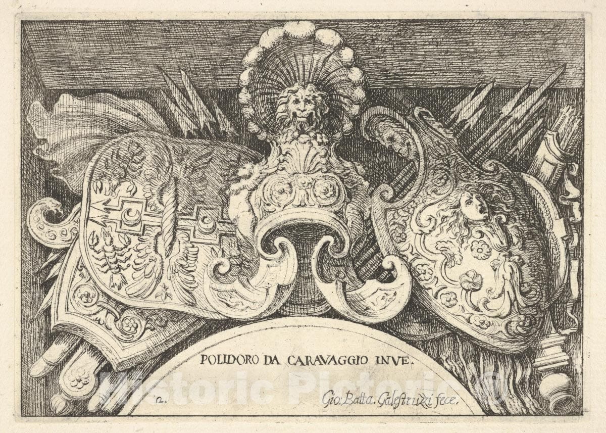Art Print : Giovanni Battista Galestruzzi - Plate 2: Trophies of Roman arms from ations Above The Windows on The Second Floor of The Palazzo Milesi in Rome : Vintage Wall Art