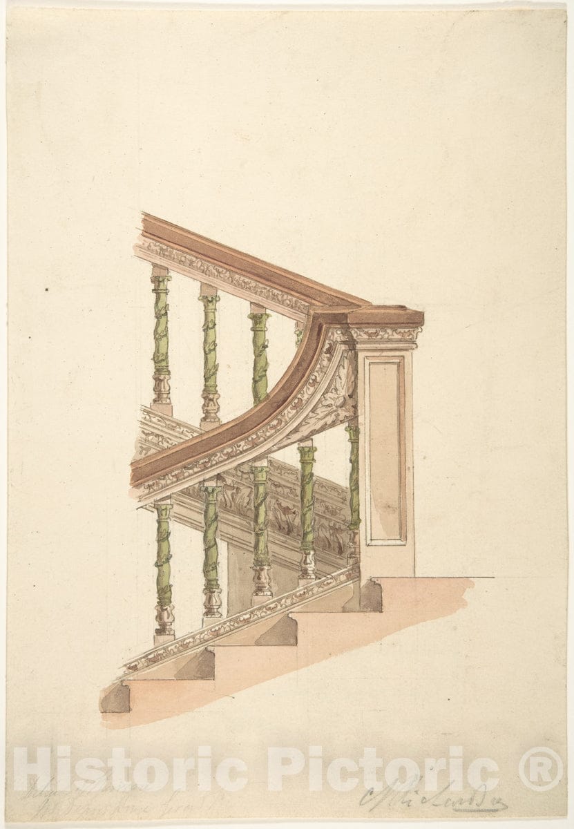 Art Print : Charles James Richardson - Detail of Staircase at Gerrard? House, Gerrard Street, Soho, London : Vintage Wall Art