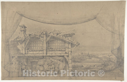 Art Print : Eugène Cicéri - Design for a Stage Set at The Opéra, Paris: Interior of a Cottage : Vintage Wall Art