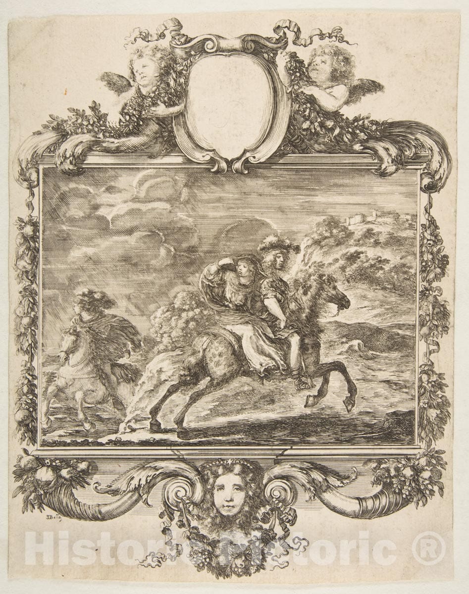 Art Print : Stefano Della Bella - A Cavalier and a Lady on Horseback, Within an Ornate Border Decorated with Fruit and Cornucopias : Vintage Wall Art