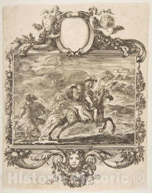 Art Print : Stefano Della Bella - A Cavalier and a Lady on Horseback, Within an Ornate Border Decorated with Fruit and Cornucopias : Vintage Wall Art