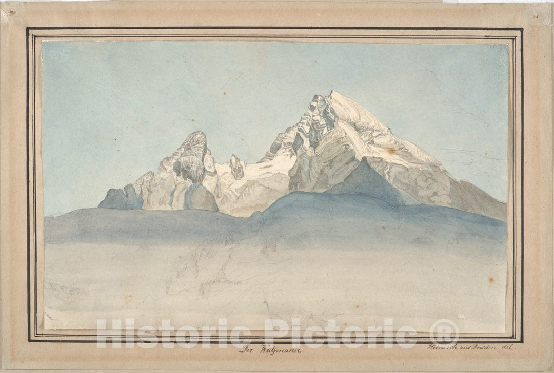 Art Print : The Watzmann seen from The North-East, and Some Sketches of a Mountain - Artist: August Heinrich - Created: 1820–22 : Vintage Wall Art