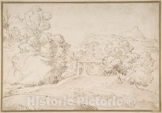 Art Print : Giovanni Francesco Grimaldi - Landscape with a Pedimented Temple and Two Figures : Vintage Wall Art