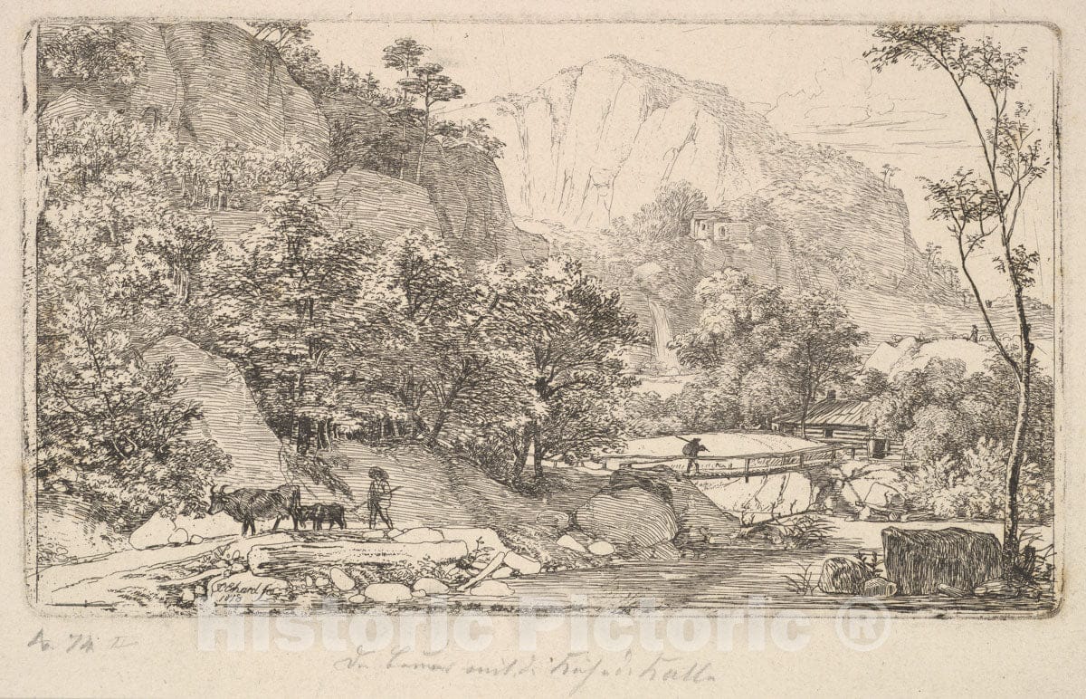 Art Print : Johann Christoph Erhard - Peasant with Cow and Calf, in The Unterberg Near The Berchtesgaden : Vintage Wall Art